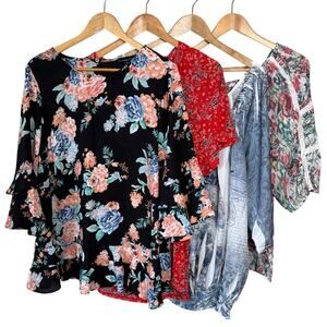 Zac & Rachel Indigo Rose Floral Top Bundle 4pc 1X Women Boho Cottagecore Casual